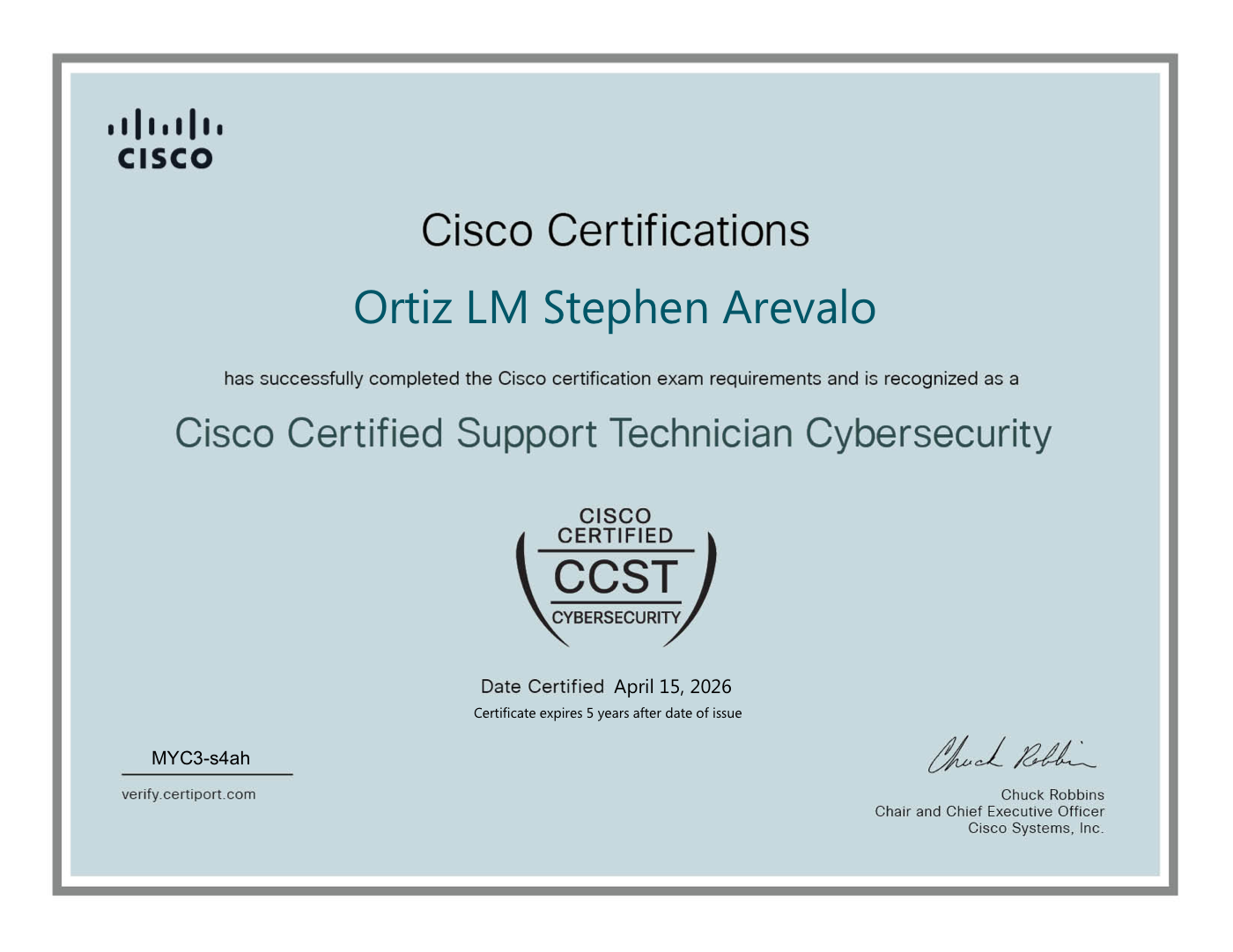 Cisco Certified Support Technician Cybersecurity certificate