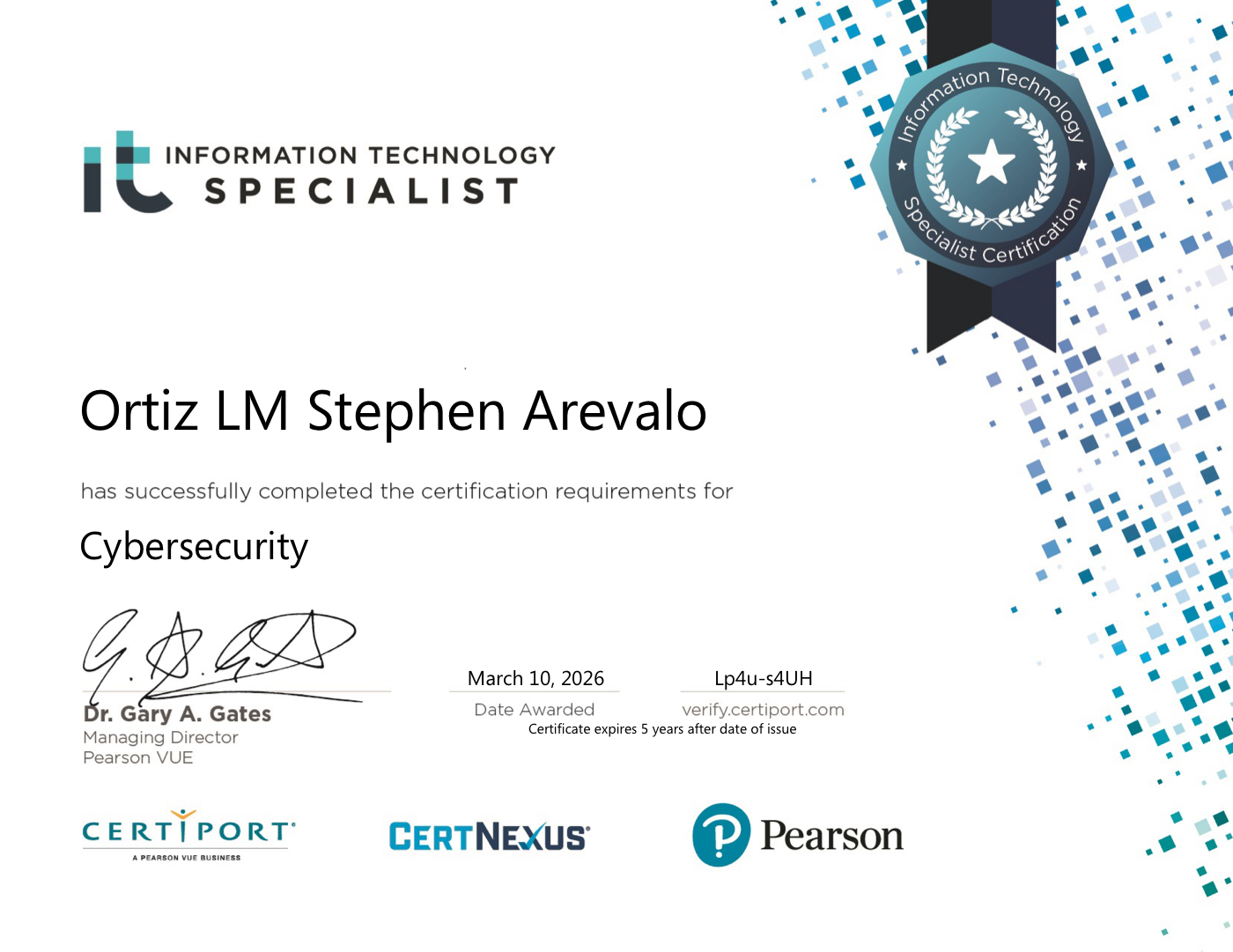 Pearson IT Specialist Cybersecurity certificate